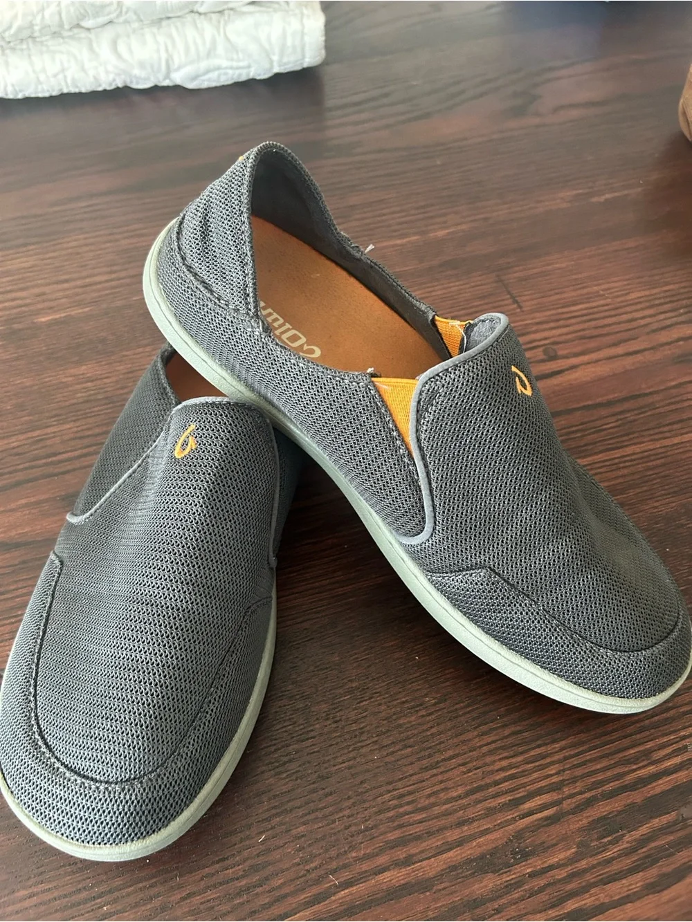 Olukai Men's Dark Gray Mesh Slip-On Loafers with Yellow Accents